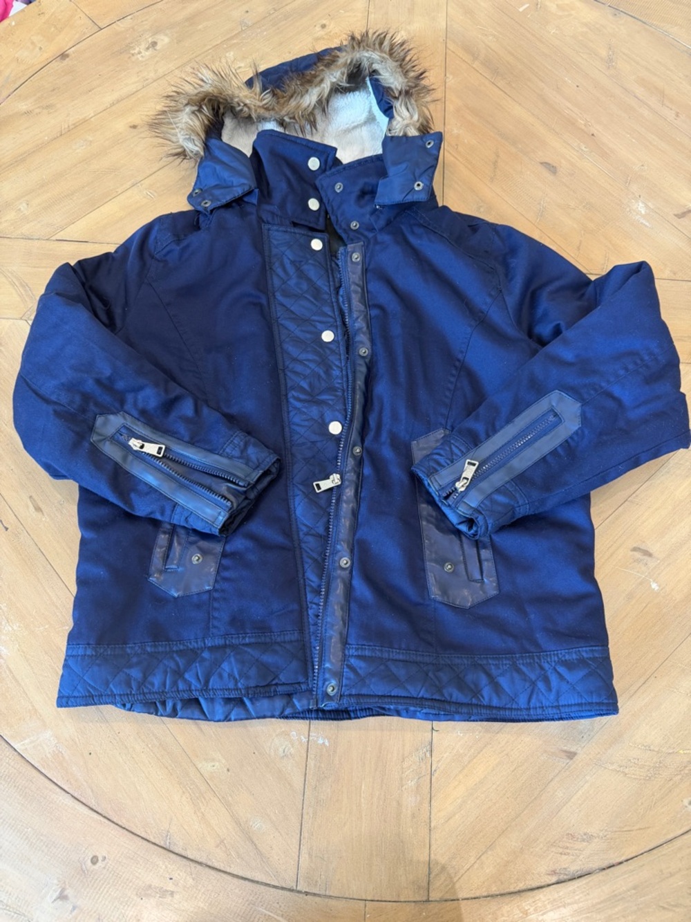 Therapy Navy Blue Quilted Hooded Winter Jacket with Faux Fur Trim 1X